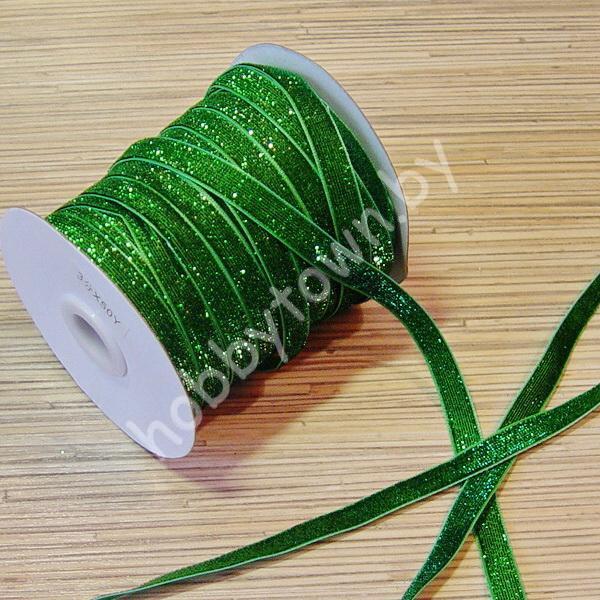 Лента бархатная с люрексом 1см (цв.зелёный) 1 метр
