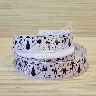 Лента репсовая 2,5см "Кошки" (цв. белый с чёрным) 1м