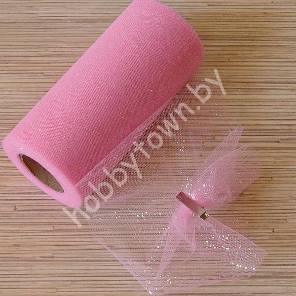 Фатин средней жёсткости с блёстками, ширина 15 см, (цв. розовый) отрез 1 метр