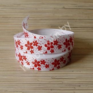 Лента репсовая 25мм "Цветы" (цв. бело-красный) 1м