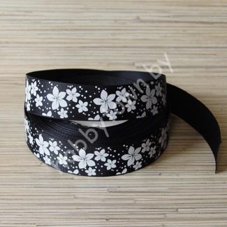 Лента репсовая 25мм "Цветы" (цв. чёрно-белый) 1м