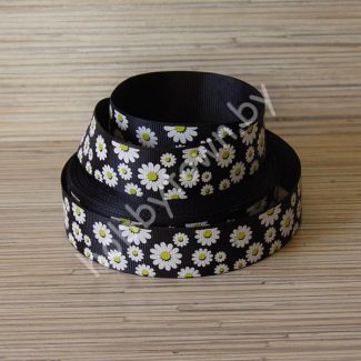 Лента репсовая 25мм "Ромашки" (цв. чёрный) 1м