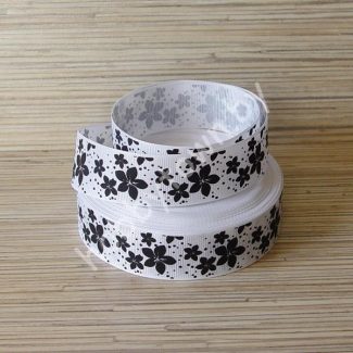 Лента репсовая 25мм "Цветы" (цв. бело-чёрный) 1м