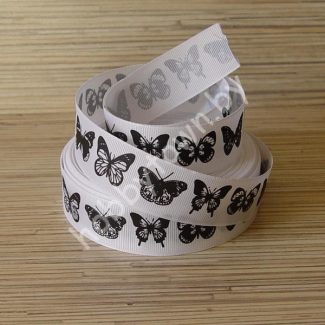 Репсовая лента с рисунком 25 мм "Бабочки" (цв. чёрно-белый) 1 метр