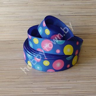 Репсовая лента с рисунком 25 мм "Цветные шарики" (цв. синий) 1 метр