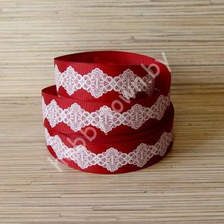 Репсовая лента с рисунком "Кружевной ромб" 25 мм (цв.бордовый/с белым) 1 метр