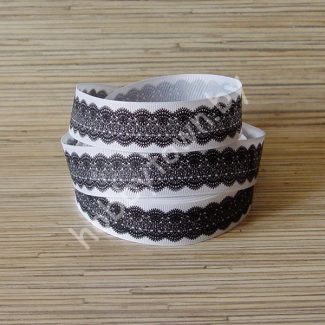 Репсовая лента с рисунком "Кружево" 25 мм (цв.белый/с чёрным) 1 метр