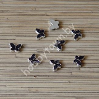 Кабошон флоризель Бабочка 11x19 мм (пластик+акрил цв.серебро/чёрный) 1шт.