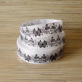 Лента репсовая 25мм "Бабочки" (цв. белый-чёрный) 1м