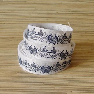 Лента репсовая 25мм "Бабочки" (цв. белый-т-синий) 1м