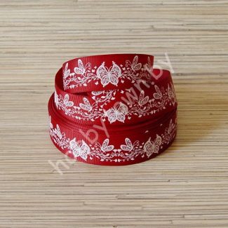 Лента репсовая 25мм "Бабочки" (цв. бордовый-белый) 1м