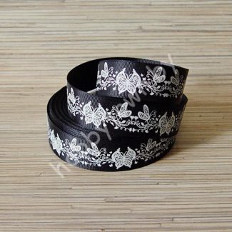 Лента репсовая 25мм "Бабочки" (цв. чёрный-белый) 1м
