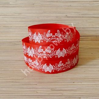 Лента репсовая 25мм "Бабочки" (цв. красный-белый) 1м
