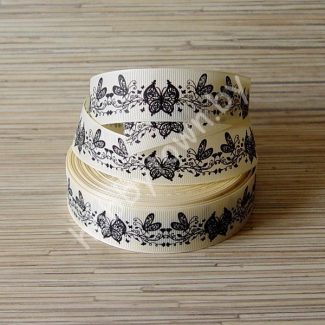 Лента репсовая 25мм "Бабочки" (цв. кремово-чёрный) 1м