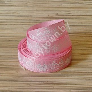 Лента репсовая 25мм "Бабочки" (цв. розовый-белый) 1м