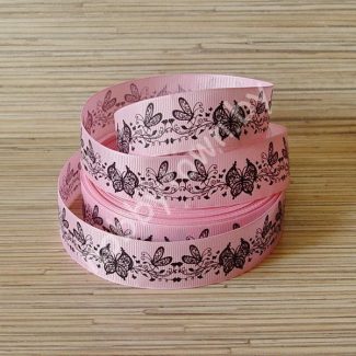 Лента репсовая 25мм "Бабочки" (цв. розовый-чёрный) 1м