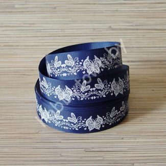 Лента репсовая 25мм "Бабочки" (цв. т-синий-белый) 1м