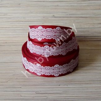 Лента репсовая 25мм "Кружево" (цв. бордово-белый) 1м