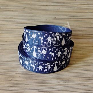 Лента репсовая 2,5см "Кошки" (цв. синий с белым) 1м