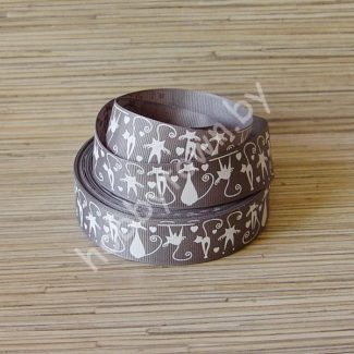 Лента репсовая 2,5см "Кошки" (цв. стальной с белым) 1м