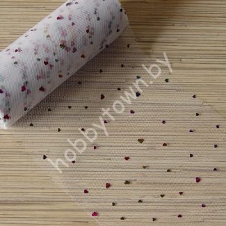 Фатин средней жёсткости с пайетками Сердечки , ширина 15 см (цв.белый/разноцв) 1 метр