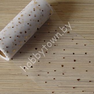 Фатин средней жёсткости с пайетками Сердечки , ширина 15 см (цв.белый/золото) 1 метр