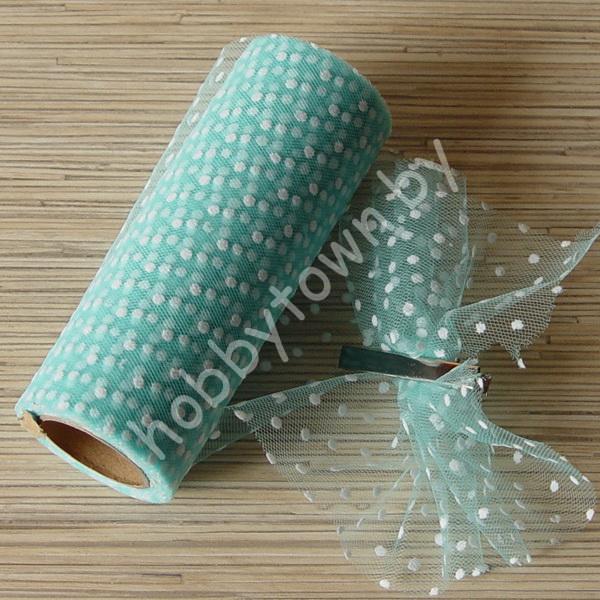 Фатин средней жёсткости в горошек , ширина 15 см (цв.аквамарин) 1 метр