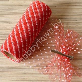 Фатин средней жёсткости в горошек , ширина 15 см (цв.красный) 1 метр