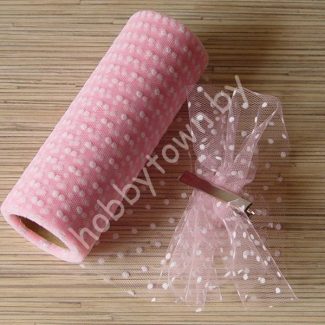 Фатин средней жёсткости в горошек , ширина 15 см (цв.розовый) 1 метр