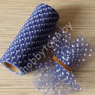 Фатин средней жёсткости в горошек , ширина 15 см (цв.синий) 1 метр