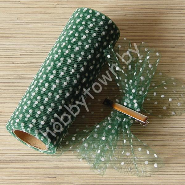 Фатин средней жёсткости в горошек , ширина 15 см (цв.тёмно-зелёный) 1 метр