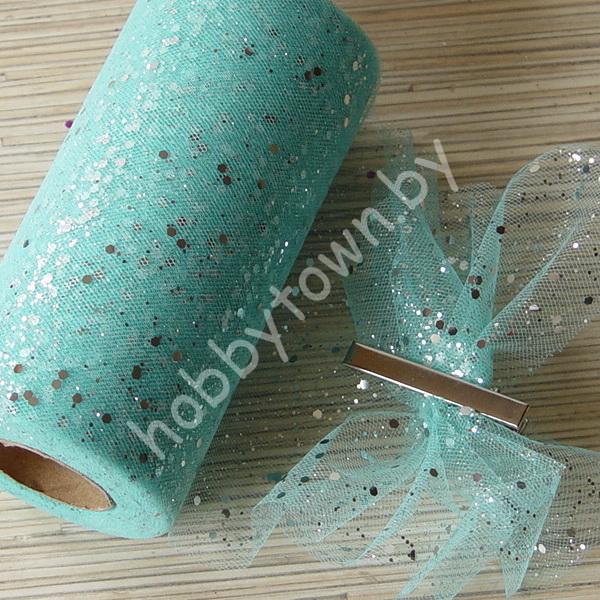 Фатин средней жёсткости с пайетками , ширина 15 см (цв.аквамарин 18) 1 метр