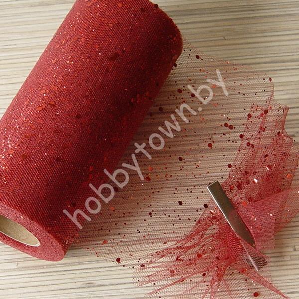 Фатин средней жёсткости с пайетками , ширина 15 см (цв.бордовый 22) 1 метр