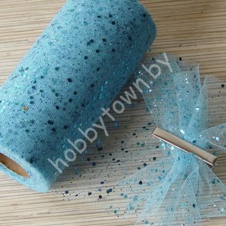 Фатин средней жёсткости с пайетками , ширина 15 см (цв.голубой 27) 1 метр