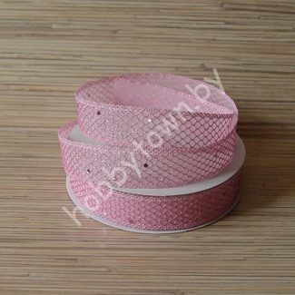 Лента декоративная с сеточкой и блёстками 25 мм (цв. розовый) 1 м