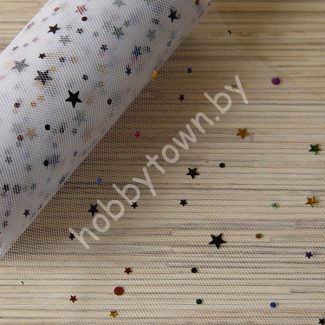 Фатин средней жёсткости с пайетками Звёздочки, ширина 15 см (цв.белый 02) 1 метр