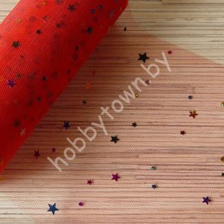 Фатин средней жёсткости с пайетками Звёздочки, ширина 15 см (цв.красный 37) 1 метр