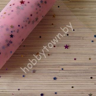 Фатин средней жёсткости с пайетками Звёздочки, ширина 15 см (цв.розовый 42) 1 метр