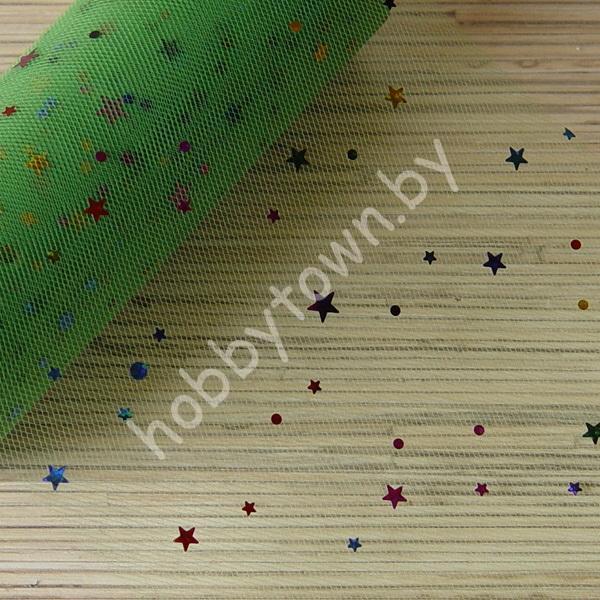 Фатин средней жёсткости с пайетками Звёздочки, ширина 15 см (цв.зелёный 48) 1 метр