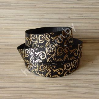 Лента репсовая 25 мм Вензеля (цв. чёрный с золотом) 1м