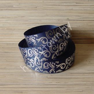 Лента репсовая 25 мм Вензеля (цв. т-синий с серебром) 1м