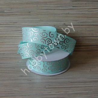 Лента репсовая 25 мм Вензеля (цв. аквамарин с серебром) 1м