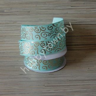 Лента репсовая 25 мм Завитки (цв. аквамарин с золотом) 1м