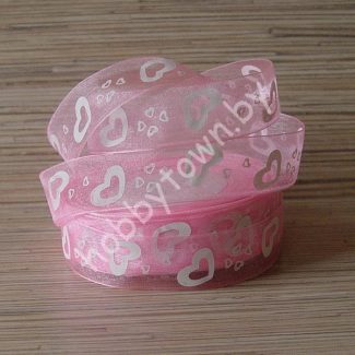 Лента органза Сердечки 25 мм (цв. розовый) 1 метр