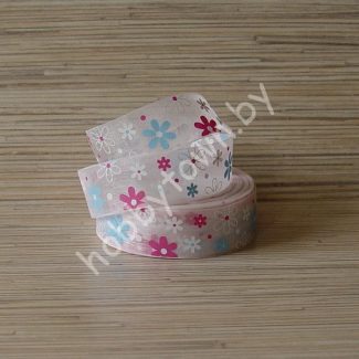 Лента органза Цветочки 25 мм (цв. белый голубой/фуксия) 1 метр