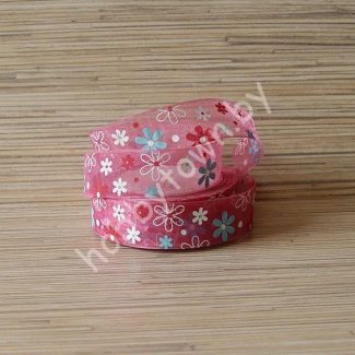 Лента органза Цветочки 25 мм (цв. малиновый) 1 метр