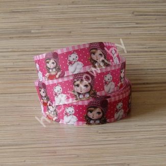 Лента репсовая 25 мм "Девочка и кошечка" 1м