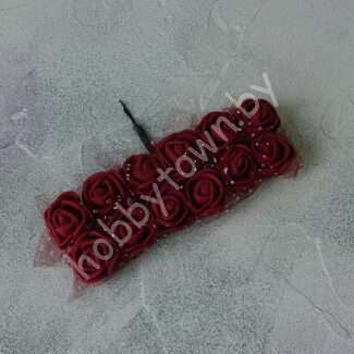 Букетик роз из фоамирана с фатином 20 мм (цв.бордовый) 12 шт.