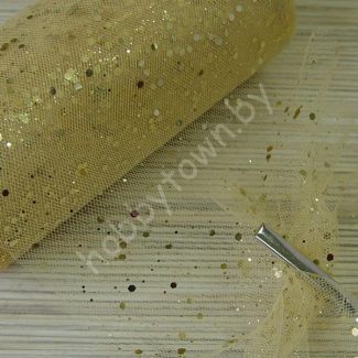 Фатин средней жёсткости с пайетками , ширина 15 см (цв.т-бежевый/золото) 1 метр