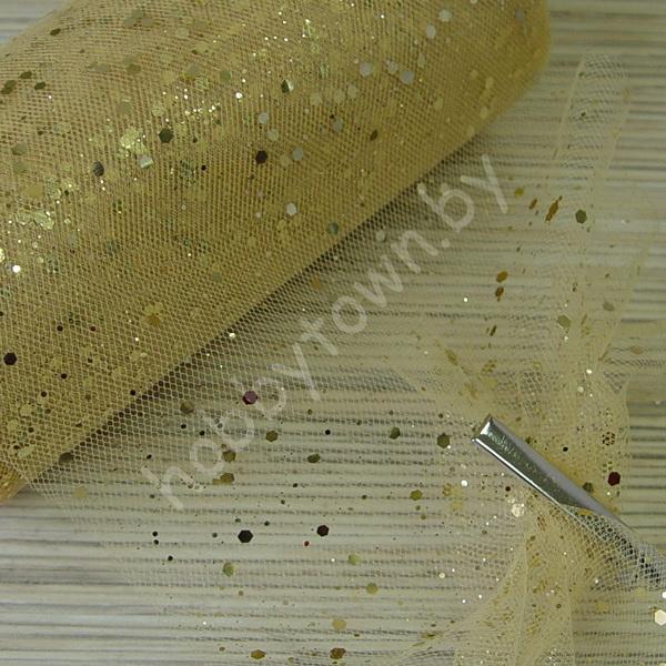 Фатин средней жёсткости с пайетками , ширина 15 см (цв.т-бежевый/золото) 1 метр